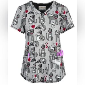 Skechers Gray Dog & Cat Print Scrub Top with Red Heart Accents